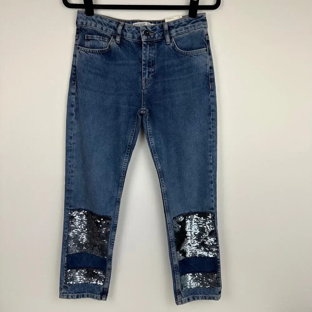 NWT Zara Basic Womens Cigarette Mid Rise Ankle Sequin Medium Wash Denim Jeans 2